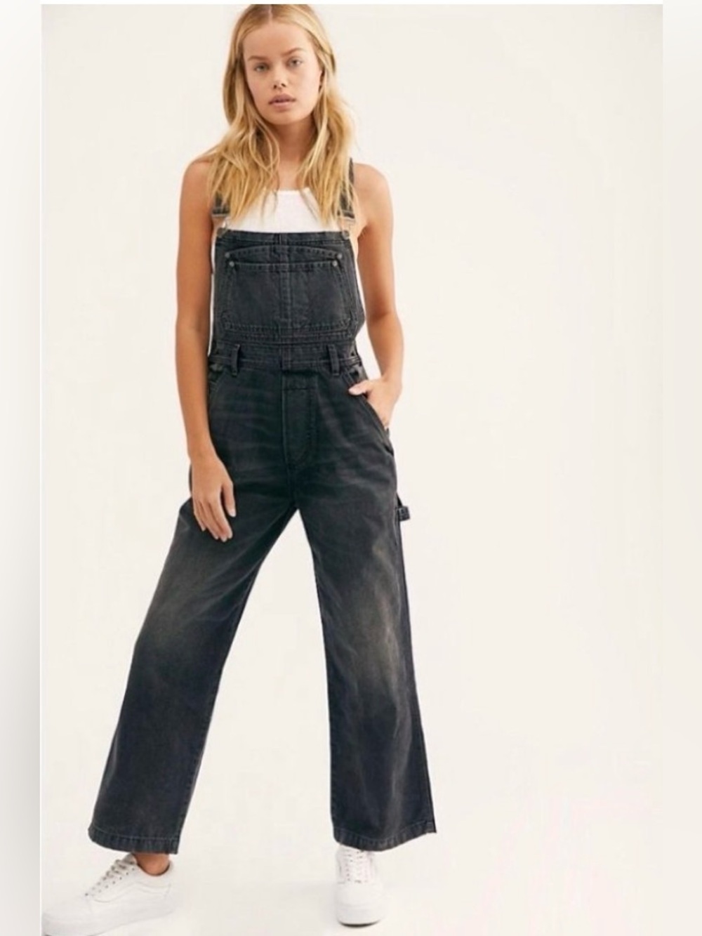 Free People Black Wide-Leg Linen Overalls